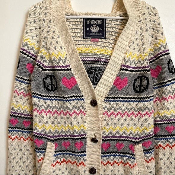 VS PINK peace, love and pink fair isle hoodie heavy knit cardigan sweater - Picture 2 of 14